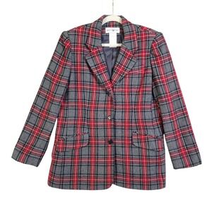 White Stag Womens Vintage Tartan Plaid Wool Blend Blazer Jacket Size 10 Red Gray